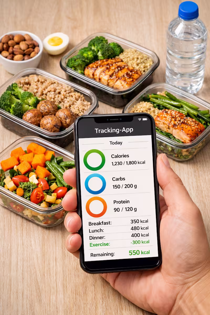 Handy mit Tracking-App und vorbereitete Mahlzeiten