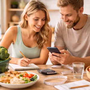 Kaloriendefizit berechnen: Paar plant Ernährung mit gesunden Lebensmitteln, Smartphone und Notizbuch in moderner Küche