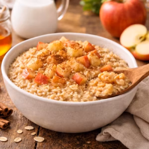 Schüssel mit warmem Apfel Zimt Frühstück aus Haferflocken, Apfelstücken und Zimt auf einem Holztisch mit Honig, Apfel und Zimtstangen im Hintergrund.