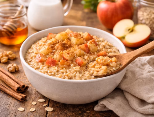 Schüssel mit warmem Apfel Zimt Frühstück aus Haferflocken, Apfelstücken und Zimt auf einem Holztisch mit Honig, Apfel und Zimtstangen im Hintergrund.