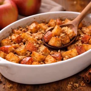 Apfel Zimt Snack aus dem Ofen in einer weißen Auflaufform mit Apfelstücken, Zimt und gehackten Nüssen auf einem Holztisch.