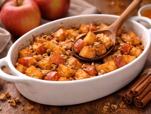 So gelingt ein Apfel Zimt Snack aus dem Ofen in wenigen Minuten 9 Apfel Zimt Snack aus dem Ofen in einer weißen Auflaufform mit Apfelstücken, Zimt und gehackten Nüssen auf einem Holztisch.