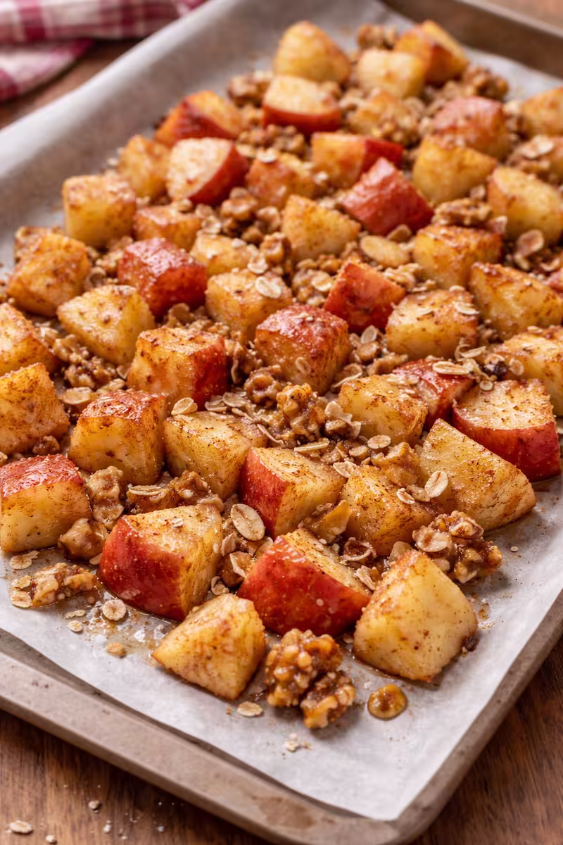 Apfelstücke mit Zimt und Nüssen auf Backpapier vor dem Backen