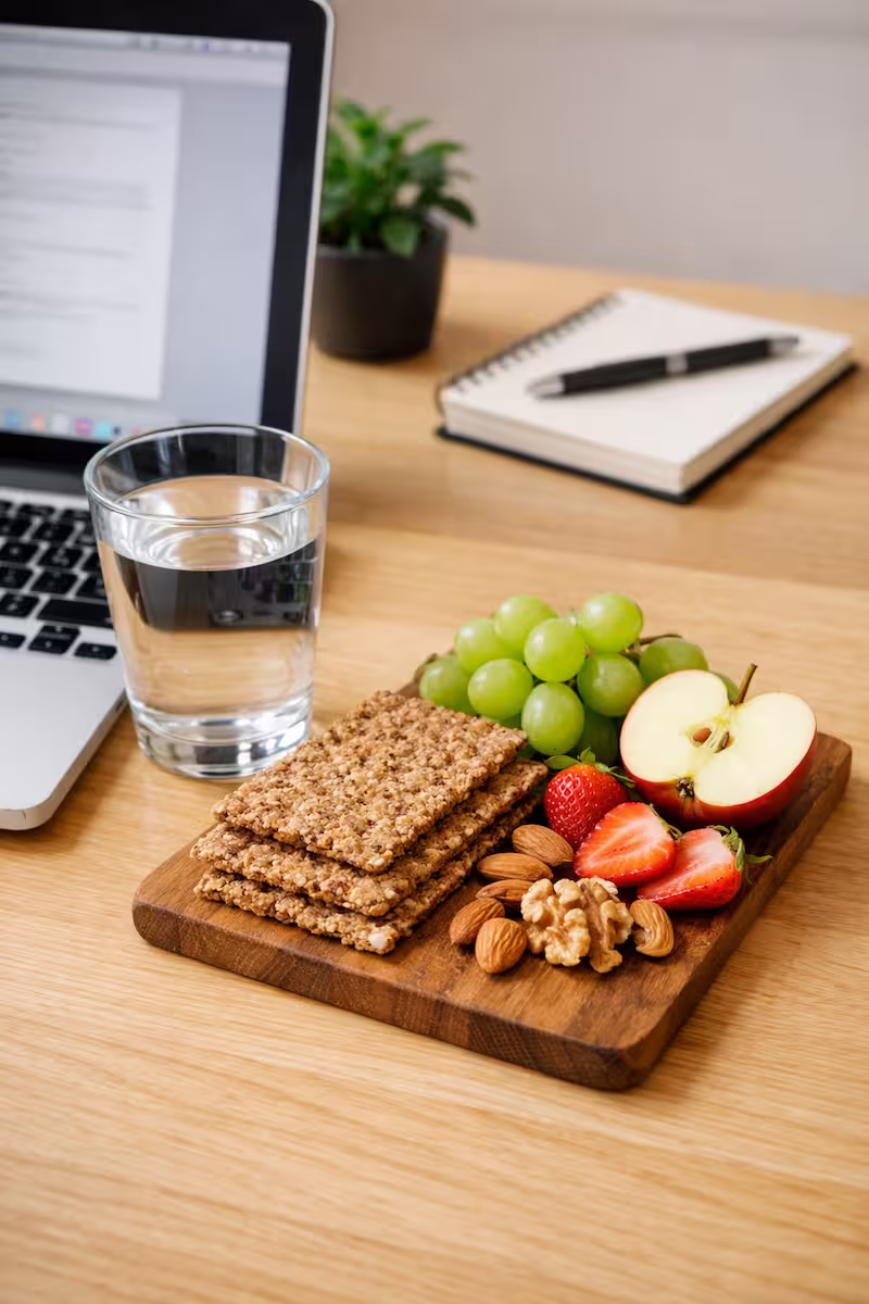 Arbeitsplatz mit Laptop, Wasserglas, kleinem Holzbrett mit Vollkornknäckebrot, Obst und Nüssen