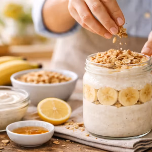 Bananen Joghurt Dessert wird in einer hellen Küche im Glas geschichtet und mit knusprigem Topping aus Nüssen und Haferflocken verfeinert
