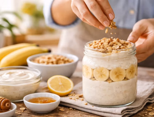 Dieses Bananen Joghurt Dessert passt zu jedem Anlass 9 Bananen Joghurt Dessert wird in einer hellen Küche im Glas geschichtet und mit knusprigem Topping aus Nüssen und Haferflocken verfeinert