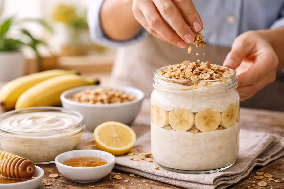 Bananen Joghurt Dessert wird in einer hellen Küche im Glas geschichtet und mit knusprigem Topping aus Nüssen und Haferflocken verfeinert