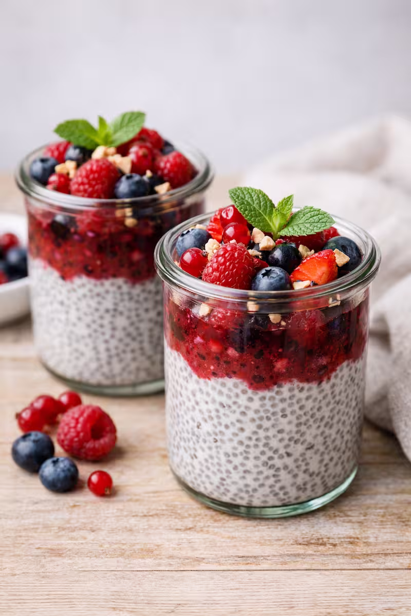 Chia Dessert im Glas Chia Dessert im Glas mit Beeren geschichtet