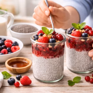 Chia Dessert mit Beeren in Gläsern, frisch geschichtet mit Chiasamen, Mandelmilch und gemischten Beeren, auf einer hellen Arbeitsfläche zubereitet