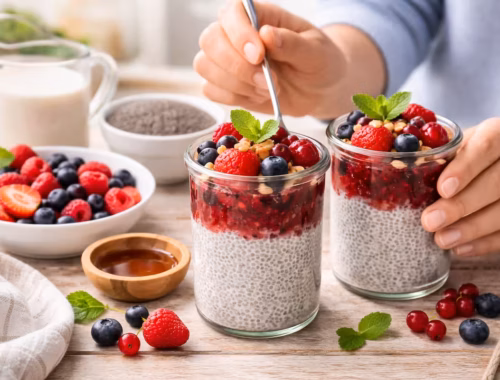 Chia Dessert mit Beeren in Gläsern, frisch geschichtet mit Chiasamen, Mandelmilch und gemischten Beeren, auf einer hellen Arbeitsfläche zubereitet