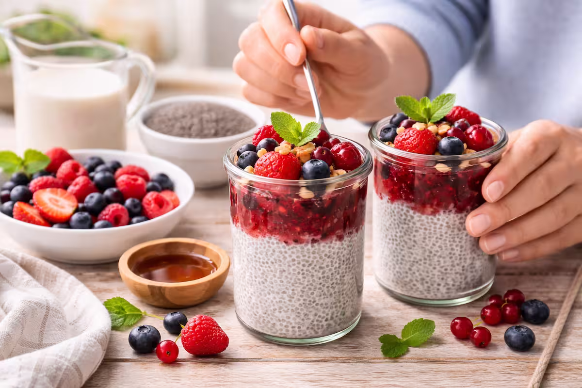 Chia Dessert mit Beeren in Gläsern, frisch geschichtet mit Chiasamen, Mandelmilch und gemischten Beeren, auf einer hellen Arbeitsfläche zubereitet