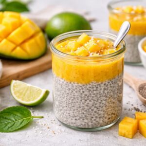Chia Pudding Mango in Glas mit frischem Mangopüree, Chiasamen und geschnittenen Früchten auf heller Oberfläche angerichtet