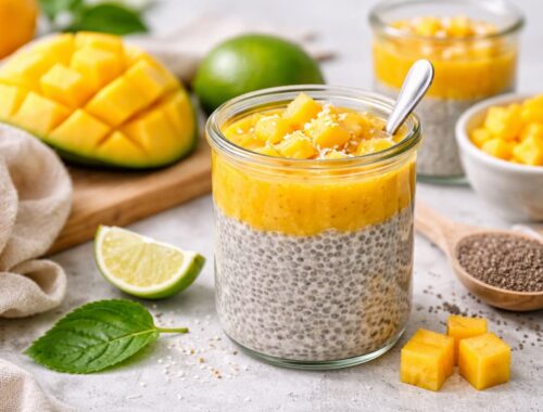 Chia Pudding Mango in Glas mit frischem Mangopüree, Chiasamen und geschnittenen Früchten auf heller Oberfläche angerichtet