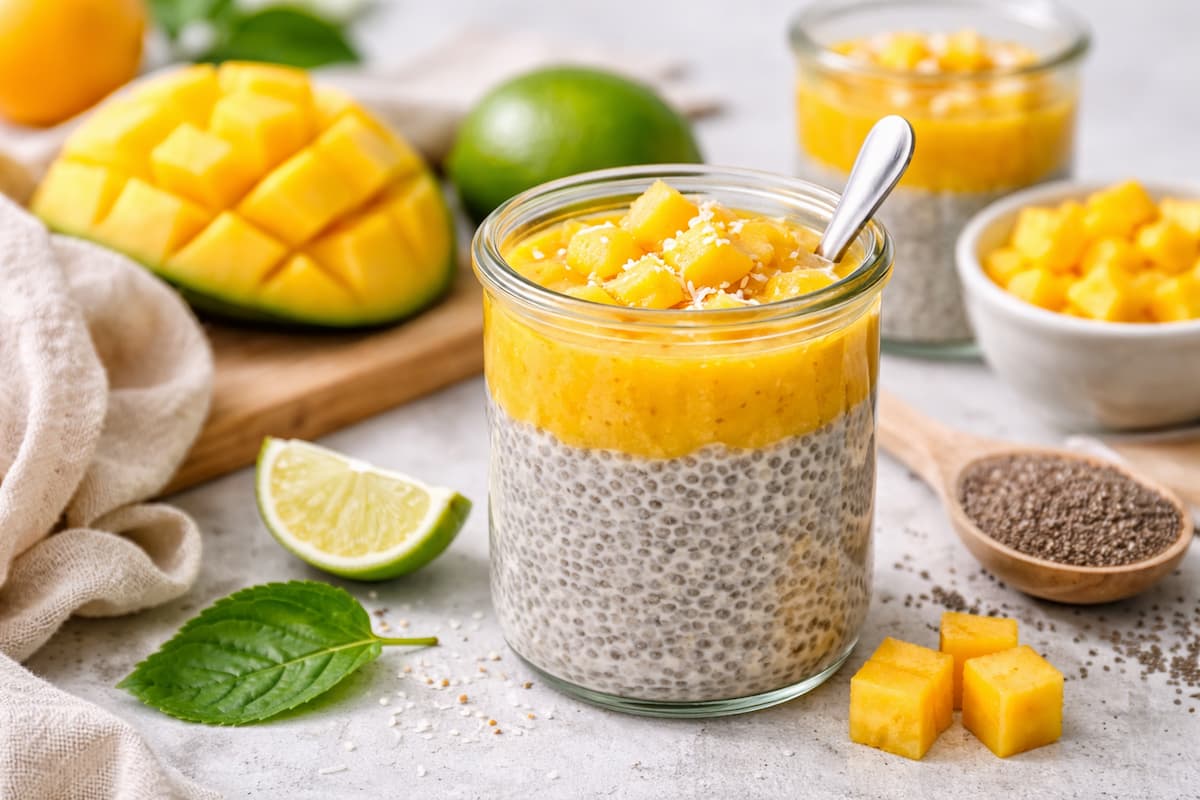 Chia Pudding Mango in Glas mit frischem Mangopüree, Chiasamen und geschnittenen Früchten auf heller Oberfläche angerichtet