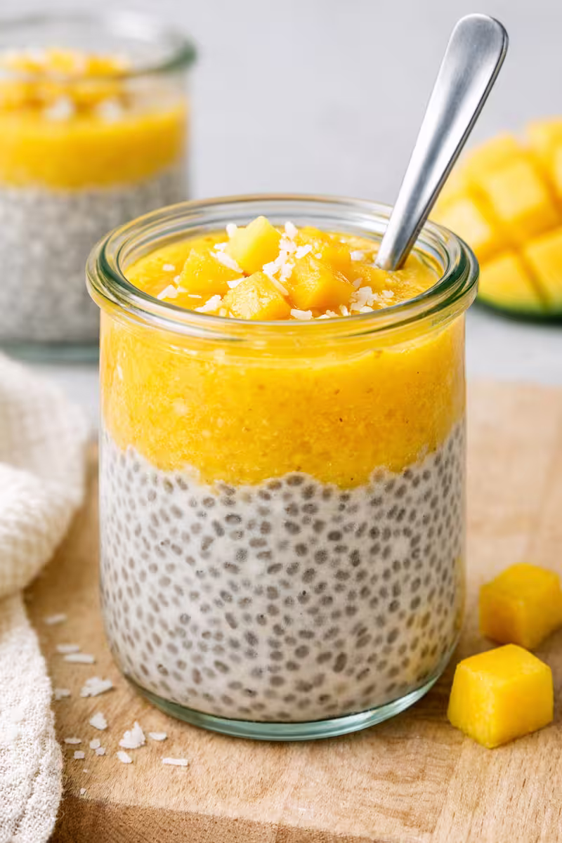 Chia Pudding im Glas mit Mango-Schicht und Löffel