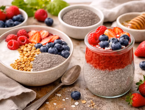 Chiasamen verwenden im Alltag mit Frühstücksbowl und Chia-Dessert im Glas mit Beeren und Joghurt