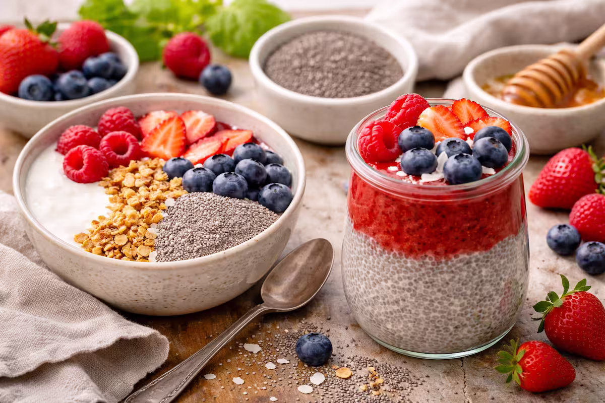 Chiasamen verwenden im Alltag mit Frühstücksbowl und Chia-Dessert im Glas mit Beeren und Joghurt