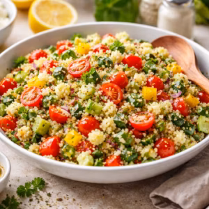 Couscous Salat mit Gemüse in einer großen Schüssel, zubereitet mit frischen Zutaten wie Paprika, Gurke, Tomaten und Kräutern, angerichtet auf hellem Küchentisch