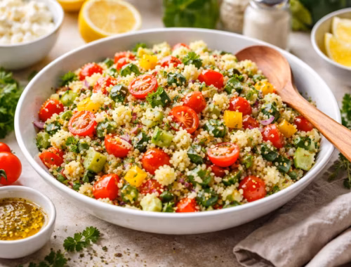 Wie gelingt ein Couscous Salat mit Gemüse... schnell und einfach? 2 Couscous Salat mit Gemüse in einer großen Schüssel, zubereitet mit frischen Zutaten wie Paprika, Gurke, Tomaten und Kräutern, angerichtet auf hellem Küchentisch