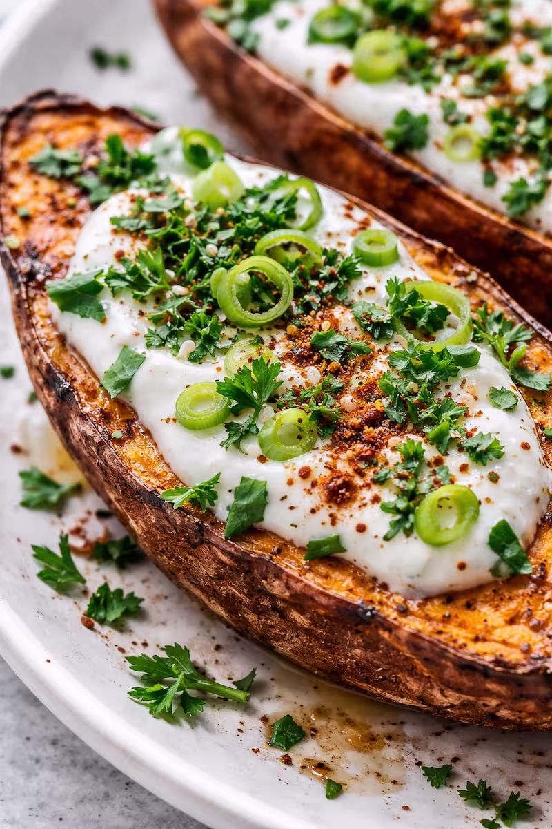 Detailaufnahme von gebackener Süßkartoffel mit Dip