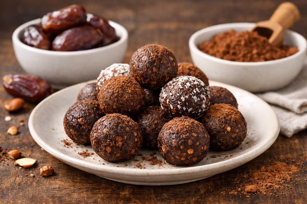 Energy Balls aus Datteln und Kakao auf einem Teller mit Kakao und Datteln im Hintergrund