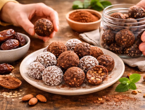Energy Balls mit Datteln und Kakao auf einem Teller, daneben Datteln, Kakao und Nüsse auf einer Holzfläche, Hände formen die Snackbällchen für ein einfaches Rezept ohne Backen.