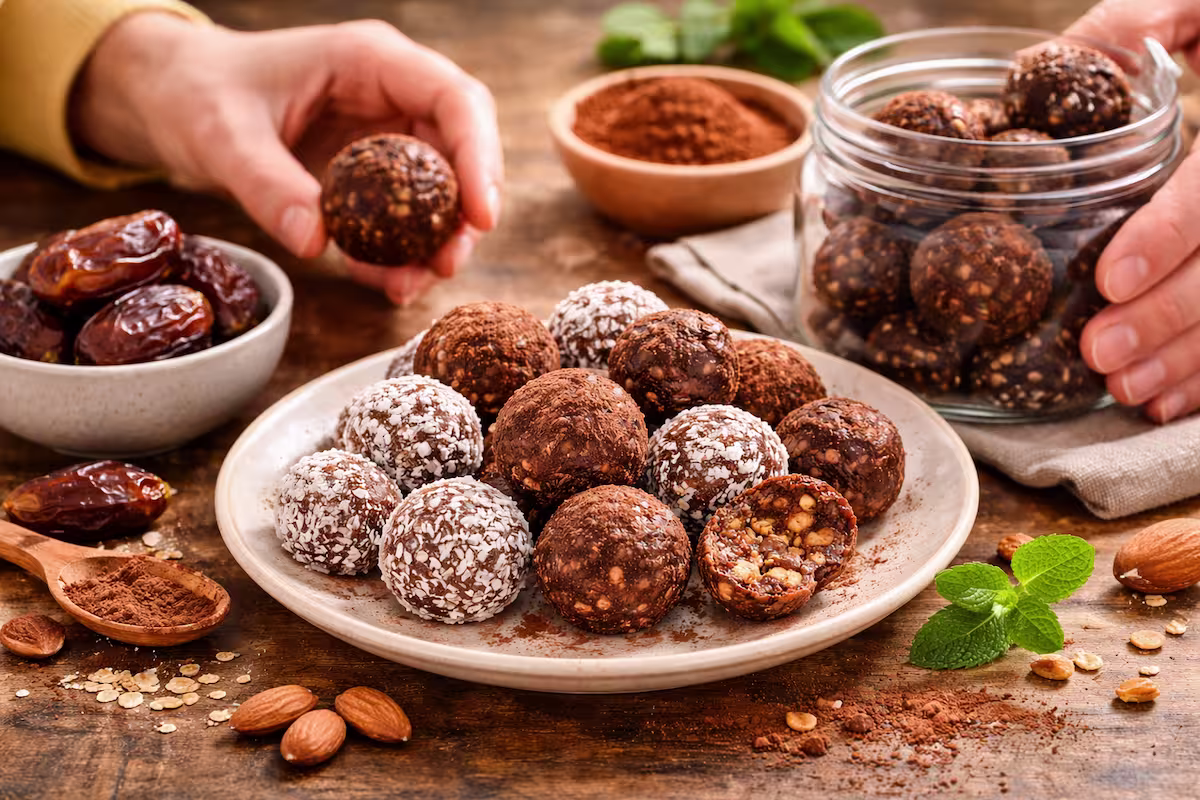 Energy Balls mit Datteln und Kakao auf einem Teller, daneben Datteln, Kakao und Nüsse auf einer Holzfläche, Hände formen die Snackbällchen für ein einfaches Rezept ohne Backen.