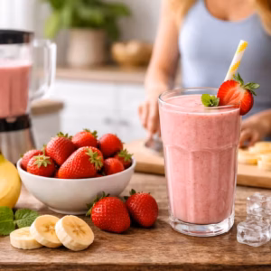 Erdbeer Bananen Smoothie in einem Glas auf einer Küchenarbeitsfläche, umgeben von frischen Erdbeeren, Banane und Mixer bei der Zubereitung