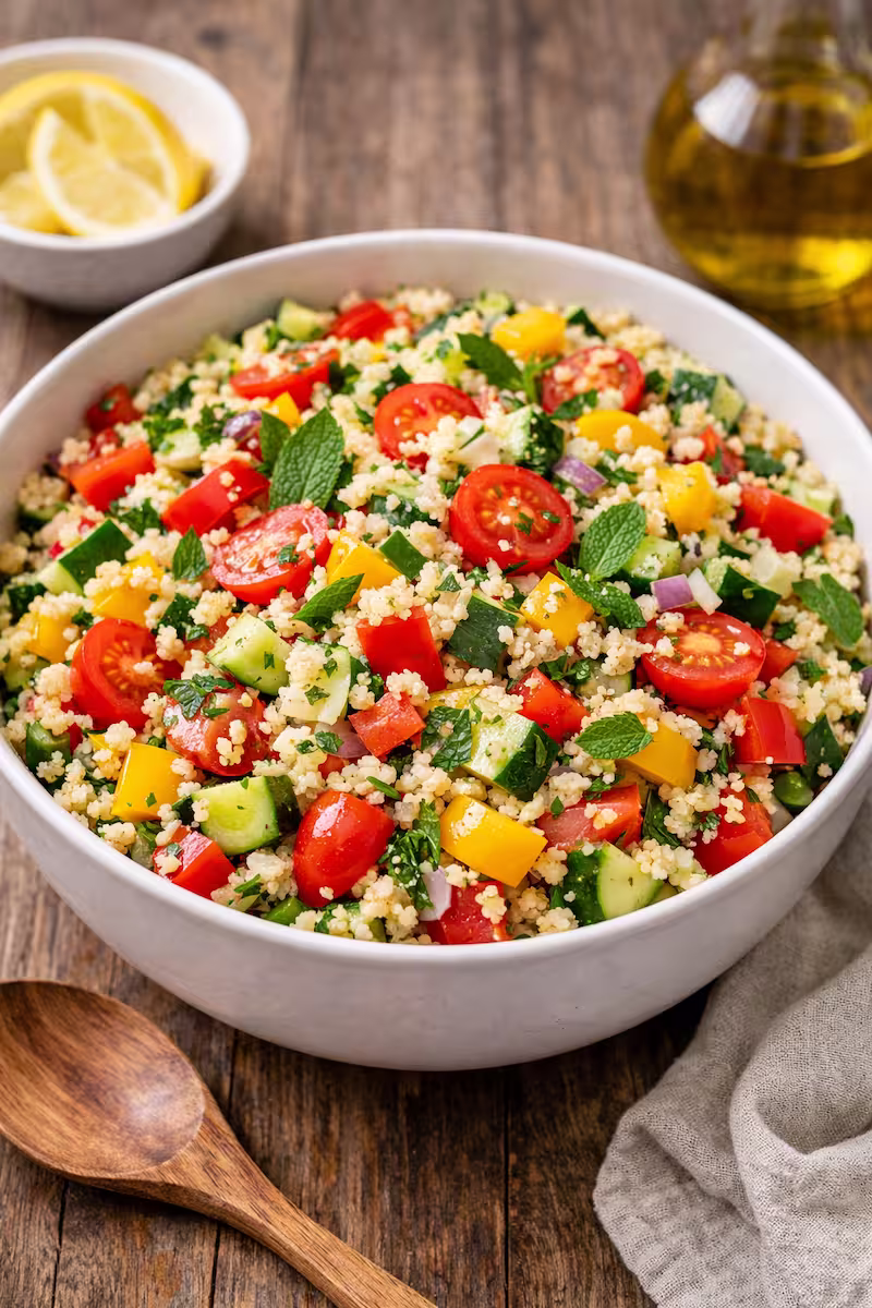 Frischer Couscous Salat in Schüssel mit buntem Gemüse
