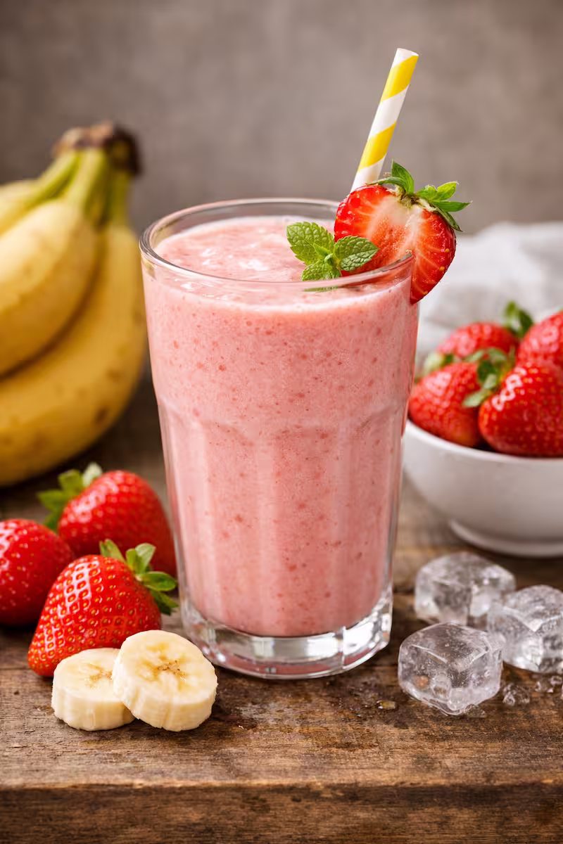 Frischer Erdbeer-Bananen-Smoothie in einem Glas mit frischen Früchten daneben