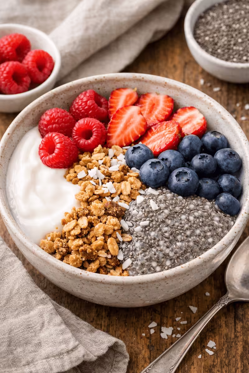Frühstücksbowl mit Joghurt, Beeren und Chiasamen