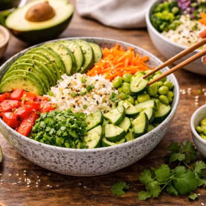Frische Gemüse Bowl mit Reis Avocado und buntem Gemüse wie Karotten, Gurken und Edamame in einer Schüssel auf einem Holztisch angerichtet