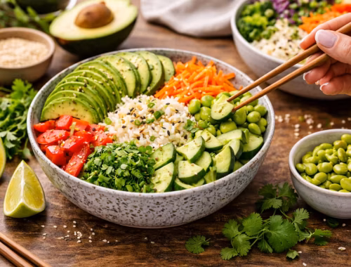 Frische Gemüse Bowl mit Reis Avocado und buntem Gemüse wie Karotten, Gurken und Edamame in einer Schüssel auf einem Holztisch angerichtet