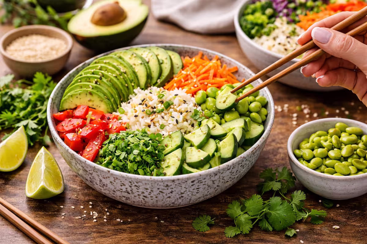 Frische Gemüse Bowl mit Reis Avocado und buntem Gemüse wie Karotten, Gurken und Edamame in einer Schüssel auf einem Holztisch angerichtet