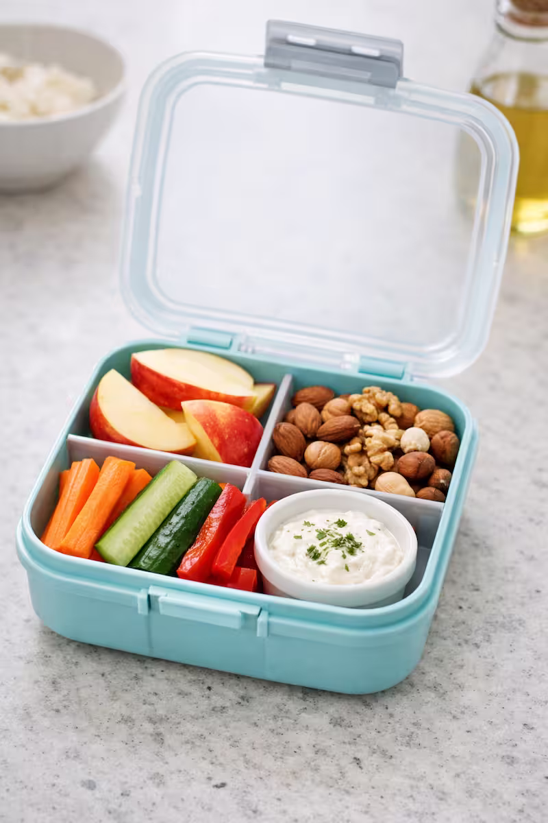 Geöffnete Lunchbox mit Apfelspalten, Nüssen, Gemüsesticks und kleinem Dip auf heller Küchenarbeitsfläche
