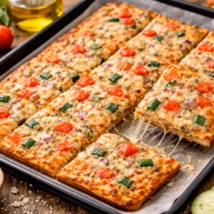 Gesunde Schüttelpizza frisch aus dem Ofen auf dem Blech, in Stücke geschnitten, mit Gemüse und geschmolzenem Käse