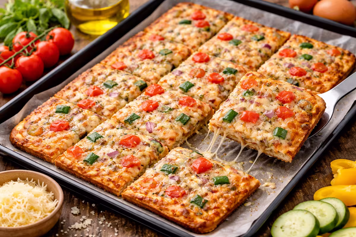 Gesunde Schüttelpizza frisch aus dem Ofen auf dem Blech, in Stücke geschnitten, mit Gemüse und geschmolzenem Käse