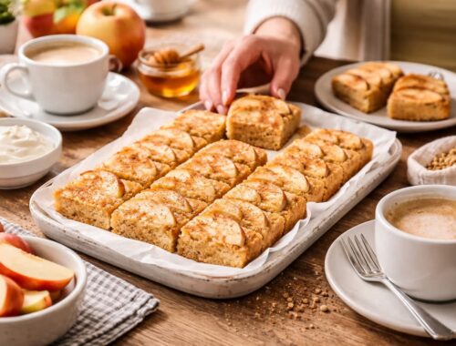 Gesunder Blechkuchen einfach und schnell gebacken 32 Gesunder Blechkuchen einfach und schnell gebacken auf einem Kaffeetisch serviert, mit Apfelstücken, Joghurt und Kaffee in gemütlicher Atmosphäre