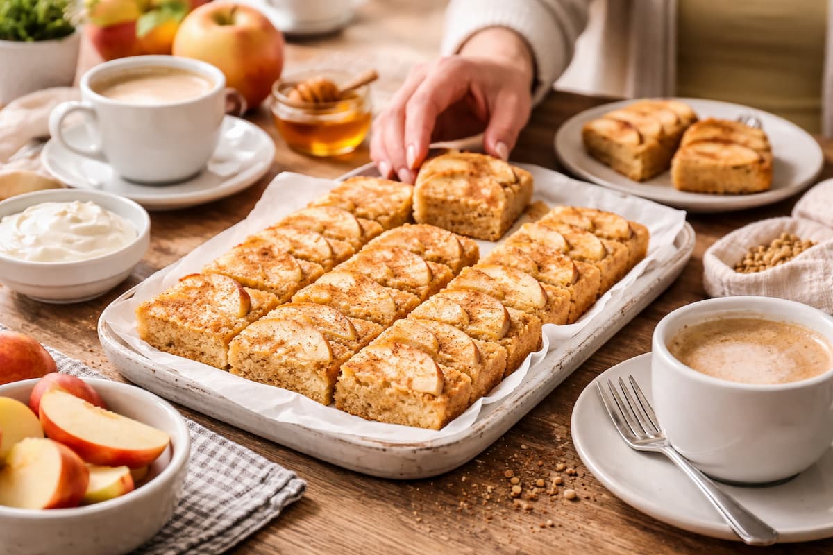 Gesunder Blechkuchen einfach und schnell gebacken auf einem Kaffeetisch serviert, mit Apfelstücken, Joghurt und Kaffee in gemütlicher Atmosphäre