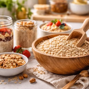 Haferflocken in der Küche vielseitig verwenden: Schüssel mit Haferflocken umgeben von Porridge, Overnight Oats, Haferkeksen und frischen Früchten auf einem hellen Küchentisch