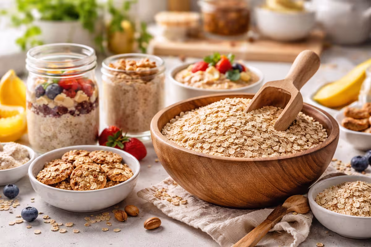 Haferflocken in der Küche vielseitig verwenden: Schüssel mit Haferflocken umgeben von Porridge, Overnight Oats, Haferkeksen und frischen Früchten auf einem hellen Küchentisch