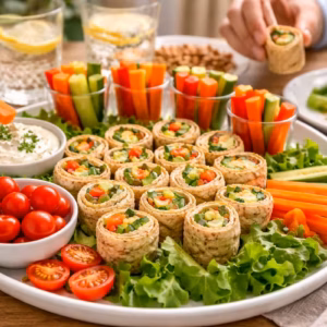 Kaltes Fingerfood auf großer Platte mit Wrap Röllchen, Gemüsesticks, Dip und frischen Zutaten für Alltag und Gäste