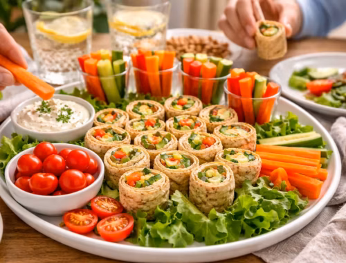 Kaltes Fingerfood schnell und vielseitig gemacht 38 Kaltes Fingerfood auf großer Platte mit Wrap Röllchen, Gemüsesticks, Dip und frischen Zutaten für Alltag und Gäste