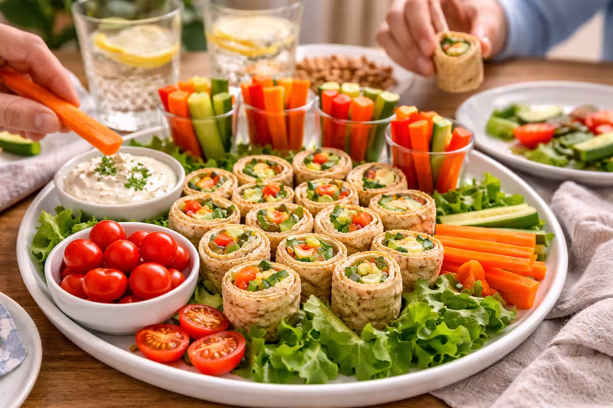 Kaltes Fingerfood auf großer Platte mit Wrap Röllchen, Gemüsesticks, Dip und frischen Zutaten für Alltag und Gäste