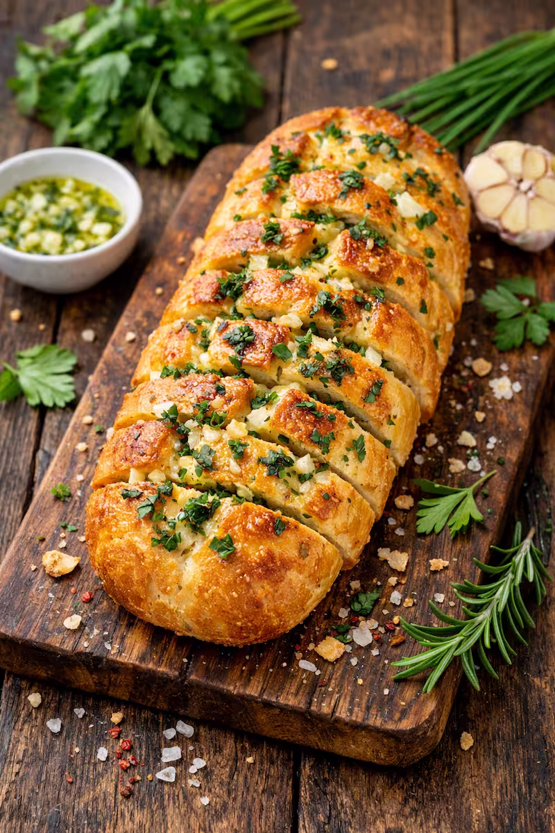 Knoblauchbrot auf Holzbrett Knuspriges Knoblauchbrot auf Holzbrett mit frischen Kräutern