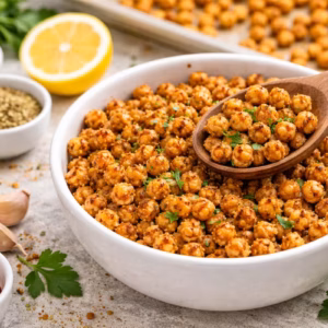 Knusprige Kichererbsen aus dem Ofen in einer Schüssel, frisch geröstet und mit Gewürzen angerichtet