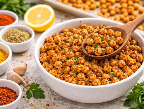 Warum werden Kichererbsen im Ofen nicht knusprig 26 Knusprige Kichererbsen aus dem Ofen in einer Schüssel, frisch geröstet und mit Gewürzen angerichtet