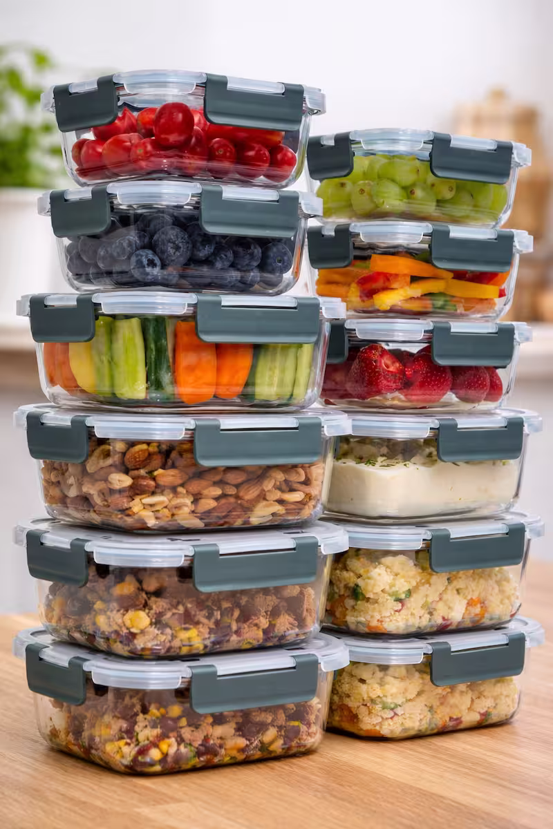 Mehrere kleine Vorratsdosen mit vorbereiteten Snacks, darunter Gurkensticks, Beeren, Nüsse und Joghurt, auf einem Holztisch