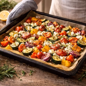 Ofengemüse mit Feta auf einem Backblech, frisch aus dem Ofen, mit Paprika, Zucchini, Tomaten und Kräutern in einer hellen Küche.