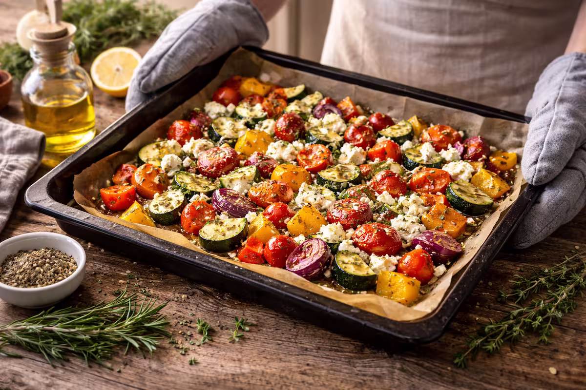 Ofengemüse mit Feta auf einem Backblech, frisch aus dem Ofen, mit Paprika, Zucchini, Tomaten und Kräutern in einer hellen Küche.